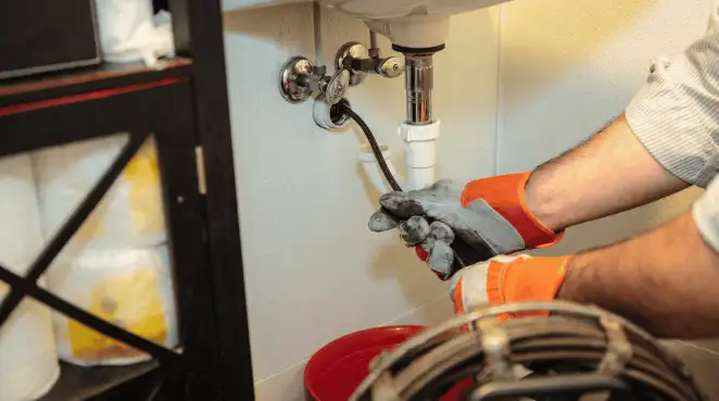 Drain cleaning technician using a motorized plumbing snake to clear a clogged sink pipe in Stamford, CT